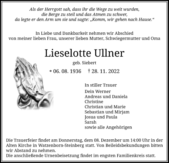 Traueranzeige von Lieselotte Ullner von Giessener Anzeiger, Giessener Allgemeine, Alsfelder Allgemeine