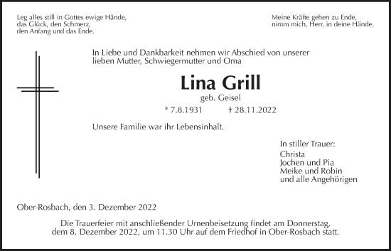 Traueranzeige von Lina Grill von Wetterauer Zeitung