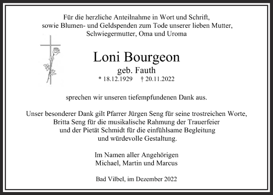 Traueranzeige von Loni Bourgeon von Bad Vilbel/Karben