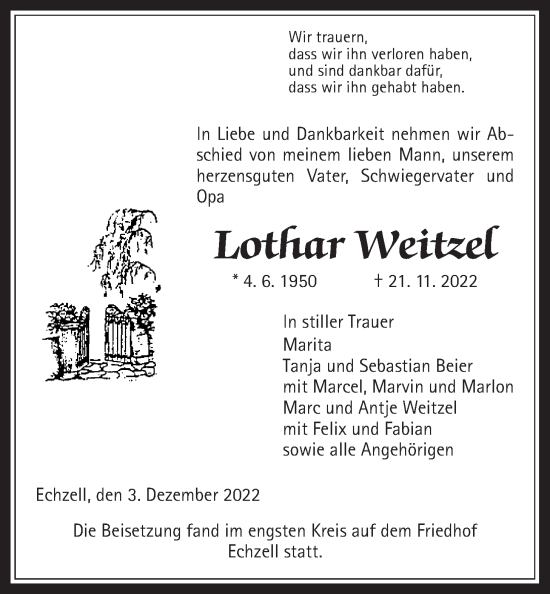 Traueranzeige von Lothar Weitzel von Wetterauer Zeitung