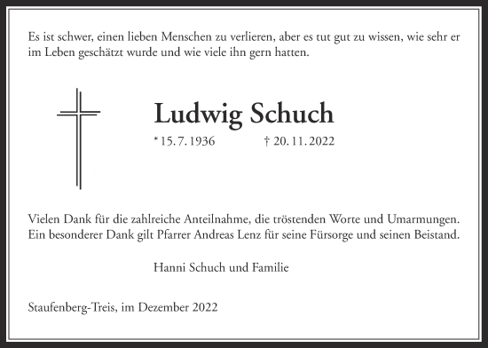 Traueranzeige von Ludwig Schuch von Giessener Allgemeine, Alsfelder Allgemeine, Giessener Anzeiger