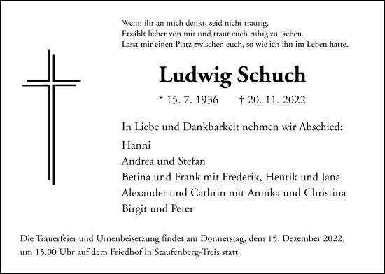 Traueranzeige von Ludwig Schuch von Giessener Anzeiger, Giessener Allgemeine, Alsfelder Allgemeine