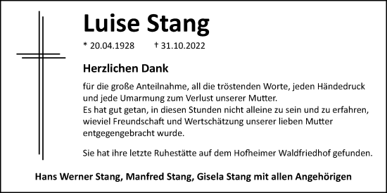 Traueranzeige von Luise Stang 
