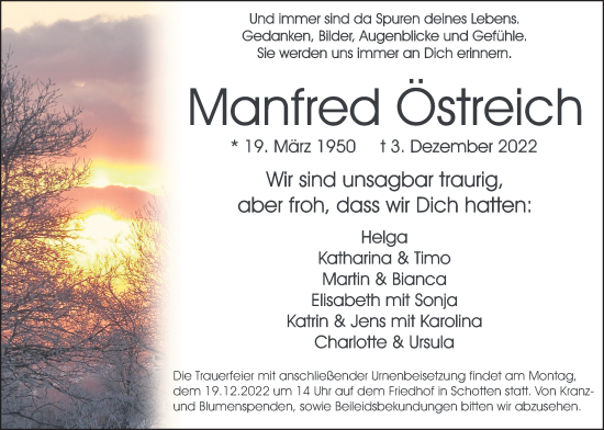 Traueranzeige von Manfred Östreich von Kreis-Anzeiger
