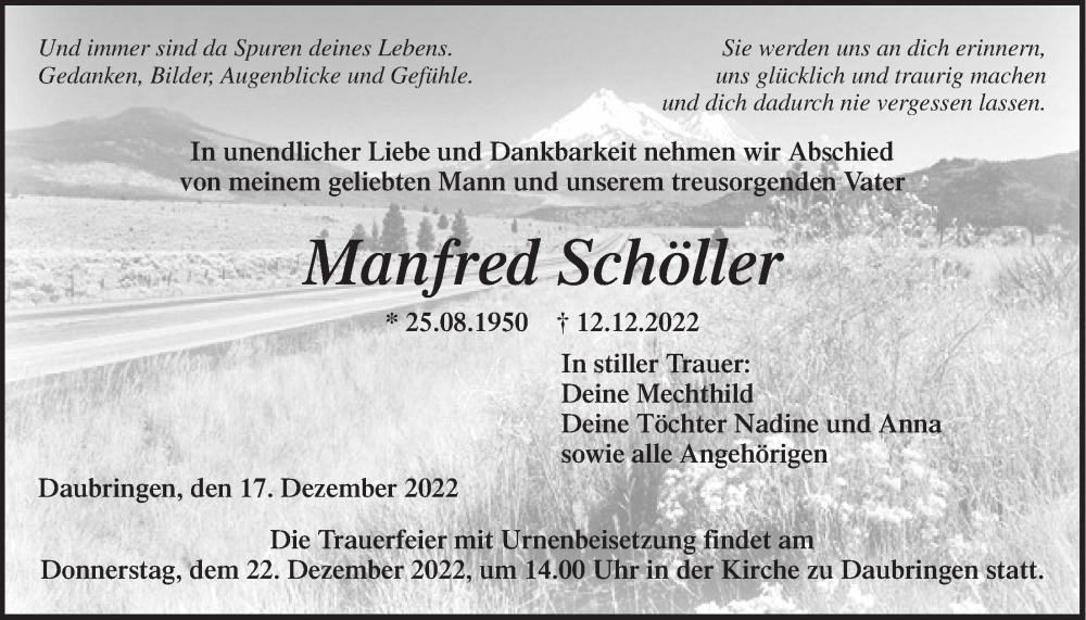  Traueranzeige für Manfred Schöller vom 17.12.2022 aus Giessener Allgemeine, Alsfelder Allgemeine