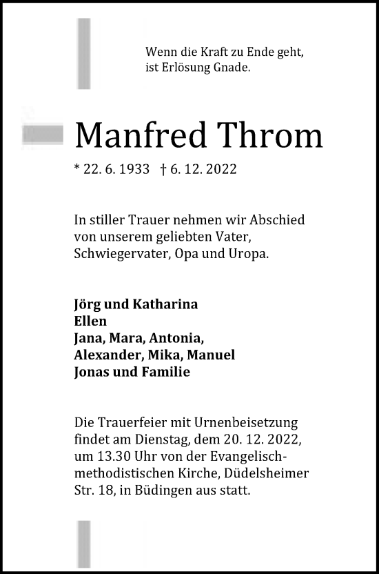 Traueranzeige von Manfred Throm von Kreis-Anzeiger