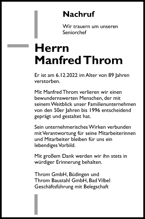 Traueranzeige von Manfred Throm von Kreis-Anzeiger