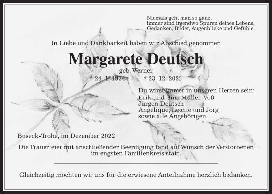 Traueranzeige von Margarete Deutsch von Giessener Allgemeine, Alsfelder Allgemeine