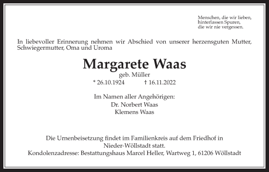Traueranzeige von Margarete Waas von Wetterauer Zeitung