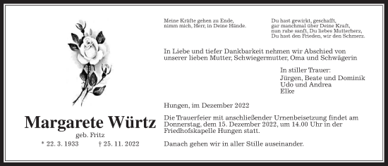 Traueranzeige von Margarete Würtz von Giessener Allgemeine, Alsfelder Allgemeine