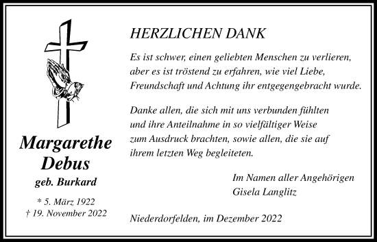 Traueranzeige von Margarethe Debus von Bad Vilbel/Karben