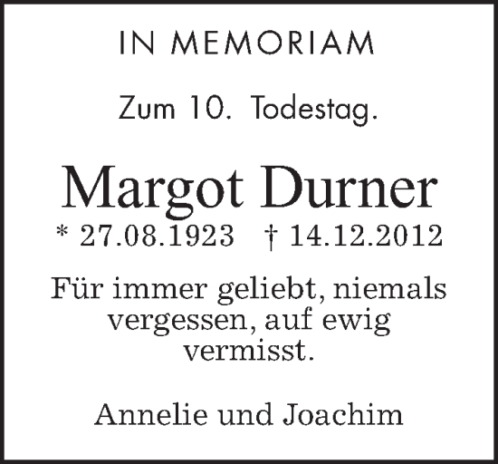 Traueranzeige von Margot Durner von Wetterauer Zeitung