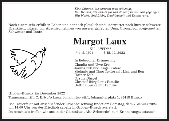 Traueranzeige von Margot Laux von Giessener Allgemeine, Alsfelder Allgemeine