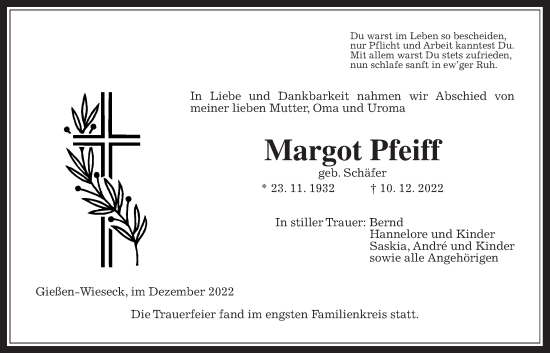 Traueranzeige von Margot Pfeiff von Giessener Allgemeine, Alsfelder Allgemeine