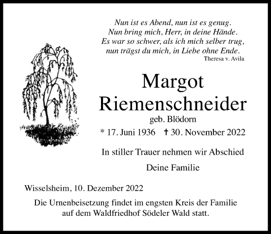 Traueranzeige von Margot Riemenschneider von Wetterauer Zeitung