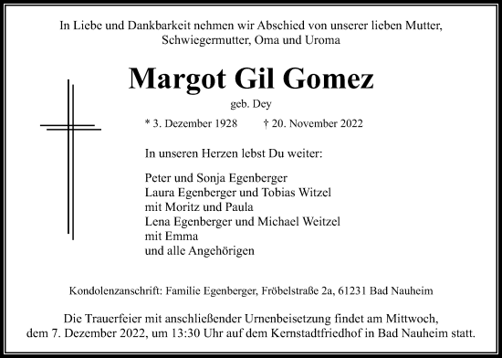 Traueranzeige von Margot Gil Gomez von Wetterauer Zeitung