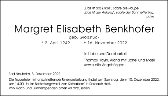 Traueranzeige von Margret Elisabeth Benkhofer von Wetterauer Zeitung
