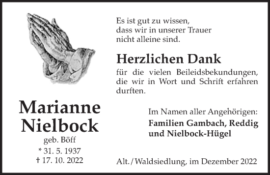 Traueranzeige von Marianne Nielbock von Kreis-Anzeiger