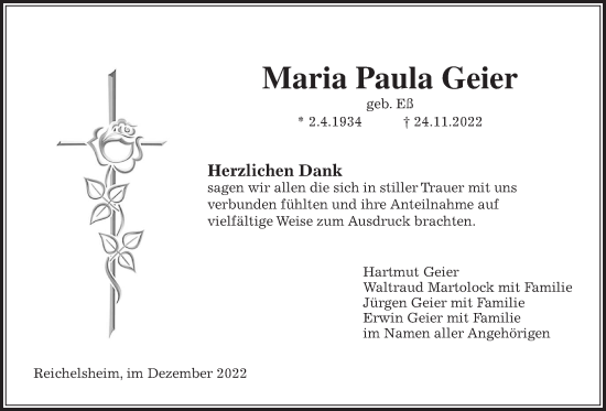 Traueranzeige von Maria Paula Geier von Wetterauer Zeitung