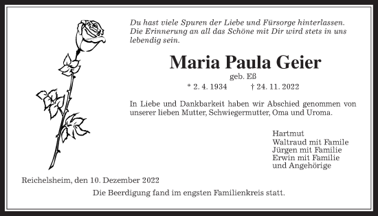 Traueranzeige von Maria Paula Geier von Wetterauer Zeitung