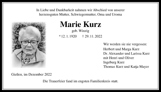 Traueranzeige von Marie Kurz von Giessener Allgemeine, Alsfelder Allgemeine, Giessener Anzeiger