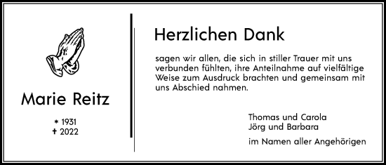 Traueranzeige von Marie Reitz von Pohlheimer Nachrichten