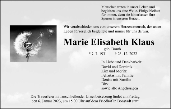 Traueranzeige von Marie Elisabeth Klaus von Wetterauer Zeitung