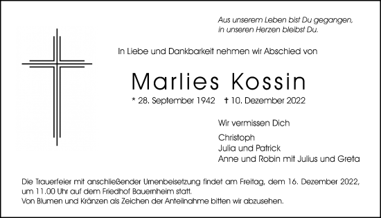 Traueranzeige von Marlies Kossin von Wetterauer Zeitung