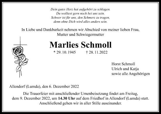 Traueranzeige von Marlies Schmoll von Giessener Allgemeine, Alsfelder Allgemeine