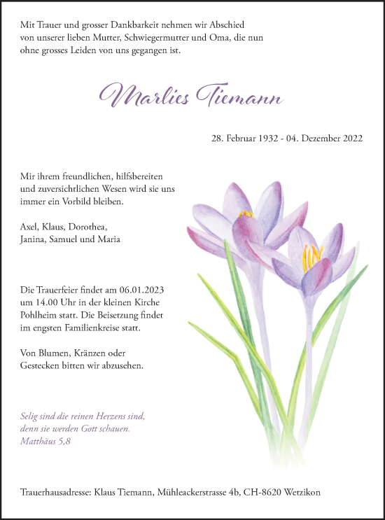Traueranzeige von Marlies Tiemann von Giessener Allgemeine, Alsfelder Allgemeine, Giessener Anzeiger