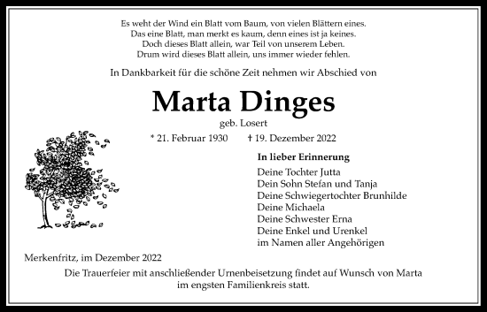 Traueranzeige von Marta Dinges von Kreis-Anzeiger