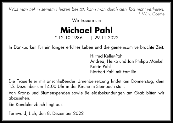 Traueranzeige von Michael Pahl von Licher Wochenblatt