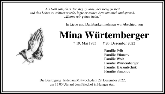 Traueranzeige von Mina Würtemberger von Giessener Allgemeine, Alsfelder Allgemeine