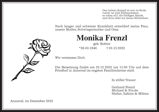 Traueranzeige von Monika Frenzl von Giessener Allgemeine, Alsfelder Allgemeine