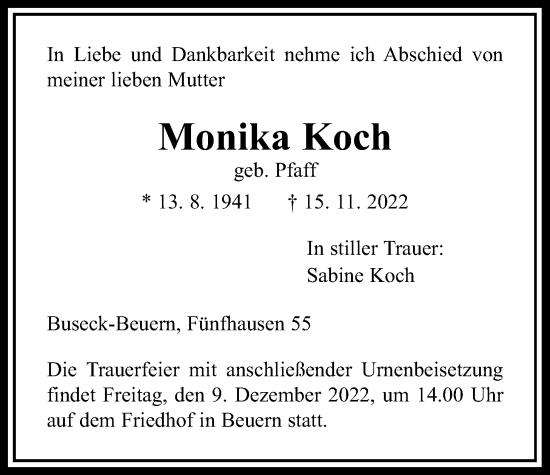 Traueranzeige von Monika Koch von Giessener Anzeiger, Giessener Allgemeine, Alsfelder Allgemeine