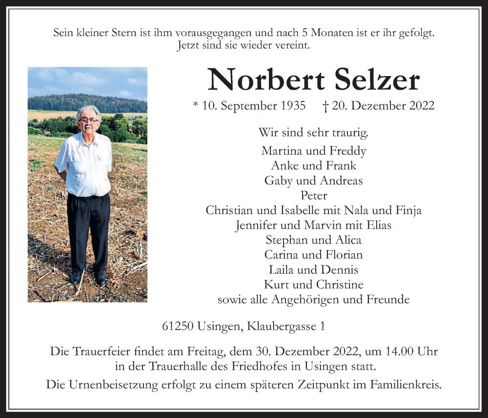  Traueranzeige für Norbert Selzer vom 24.12.2022 aus Usinger Anzeiger