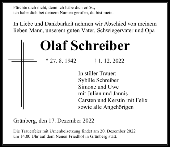 Traueranzeige von Olaf Schreiber von Giessener Allgemeine, Alsfelder Allgemeine
