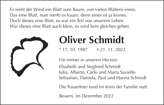 Traueranzeige von Oliver Schmidt von Giessener Allgemeine, Alsfelder Allgemeine