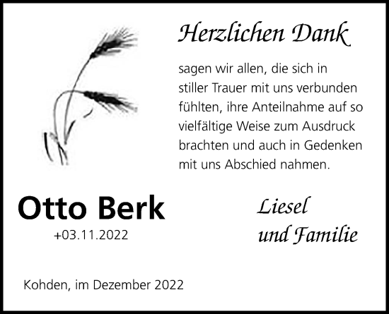 Traueranzeige von Otto Berk von Kreis-Anzeiger