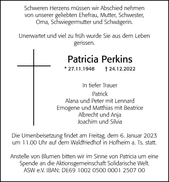 Traueranzeige von Patricia Perkins 