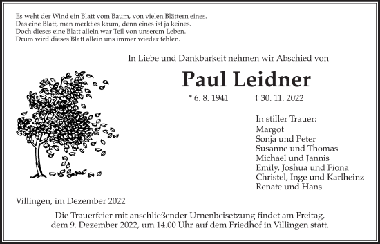 Traueranzeige von Paul Leidner von Giessener Allgemeine, Alsfelder Allgemeine