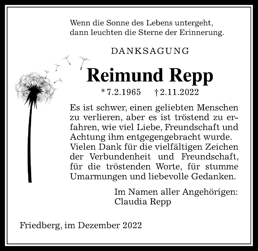  Traueranzeige für Reimund Repp vom 17.12.2022 aus Wetterauer Zeitung