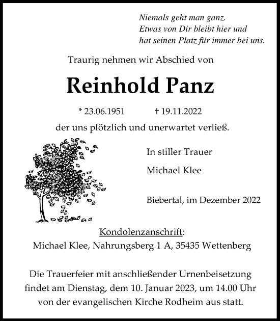 Traueranzeige von Reinhold Panz von Giessener Allgemeine, Alsfelder Allgemeine, Giessener Anzeiger