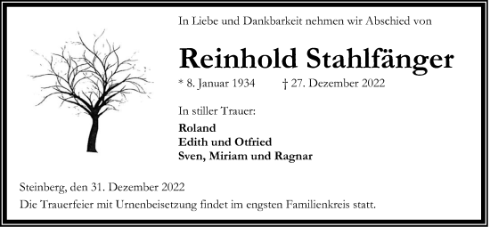 Traueranzeige von Reinhold Stahlfänger von Kreis-Anzeiger