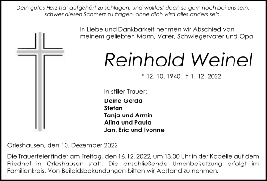 Traueranzeige von Reinhold Weinel von Kreis-Anzeiger