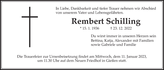 Traueranzeige von Rembert Schilling von Giessener Anzeiger