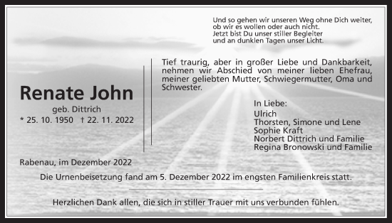 Traueranzeige von Renate John von Giessener Allgemeine, Alsfelder Allgemeine, Rabenauer Zeitung