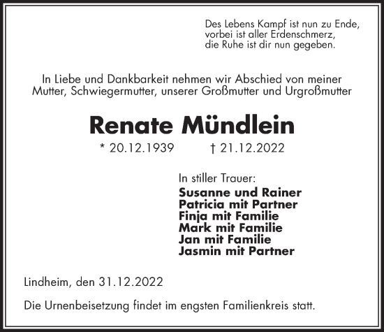 Traueranzeige von Renate Mündlein von Kreis-Anzeiger