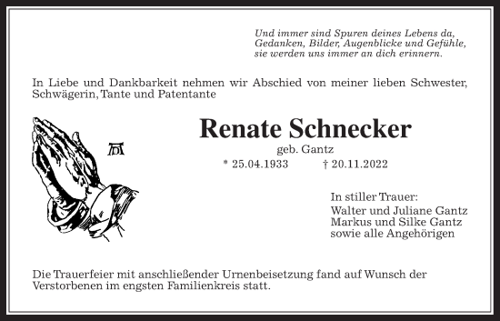 Traueranzeige von Renate Schnecker von Giessener Anzeiger, Giessener Allgemeine, Alsfelder Allgemeine