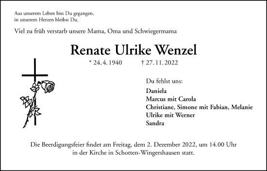 Traueranzeige von Renate Ulrike Wenzel von Kreis-Anzeiger